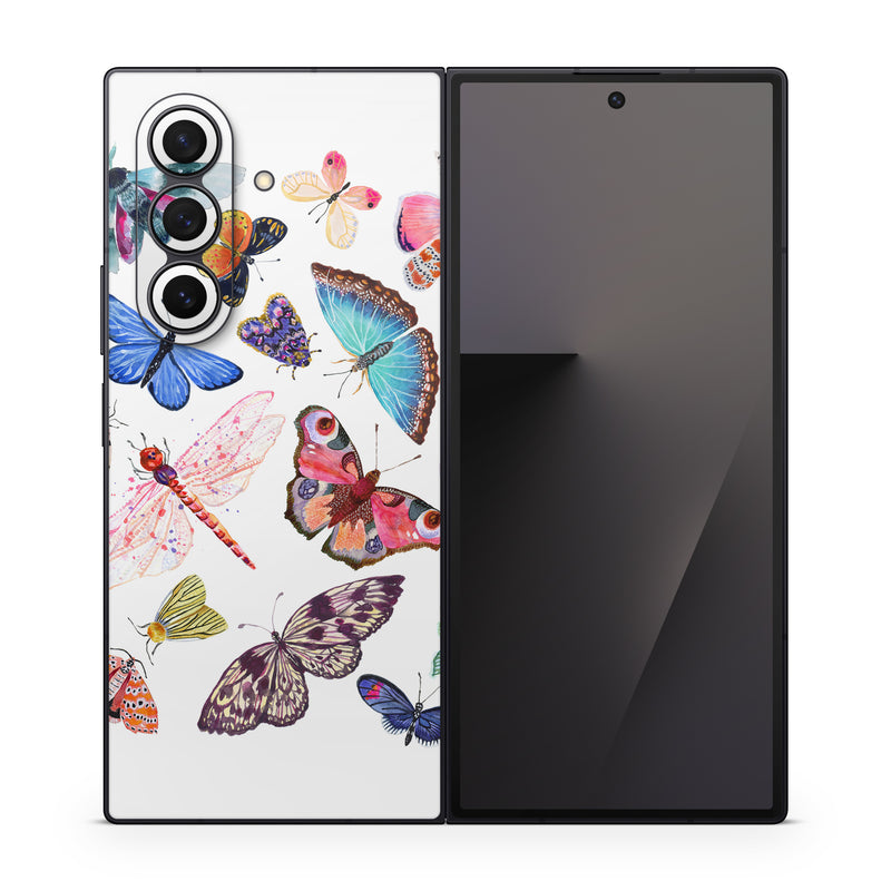 Samsung Galaxy Z Fold7 Skin design of Butterfly, Pollinator, Insect, Arthropod, Organism, Moths and butterflies, Art, Symmetry, Wing, Illustration, with white, blue, green, red, yellow, orange, pink, brown, purple colors