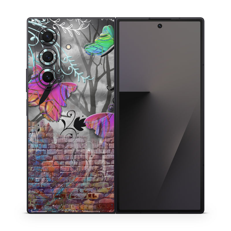Samsung Galaxy Z Fold7 Skin design of Purple, Graphic design, Art, Pattern, Graffiti, Organism, Street art, Wall, Font, Illustration, with red, black, gray, purple, orange, blue, green colors