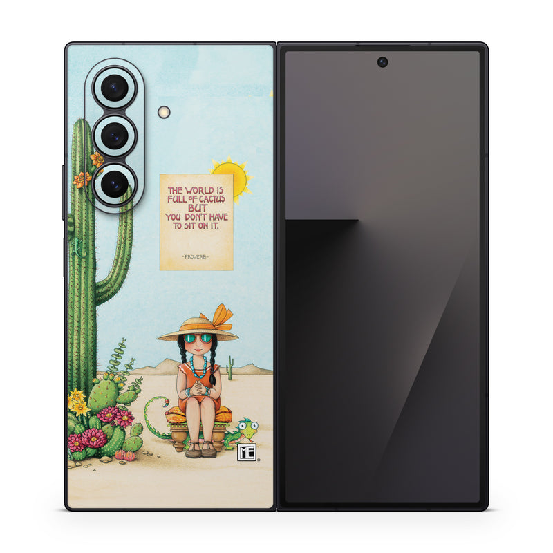 Samsung Galaxy Z Fold7 Skin design of Cartoon, Cactus, Illustration, Animated cartoon, Plant, Vegetable, Fictional character, Art, with green, yellow, pink, orange, brown colors
