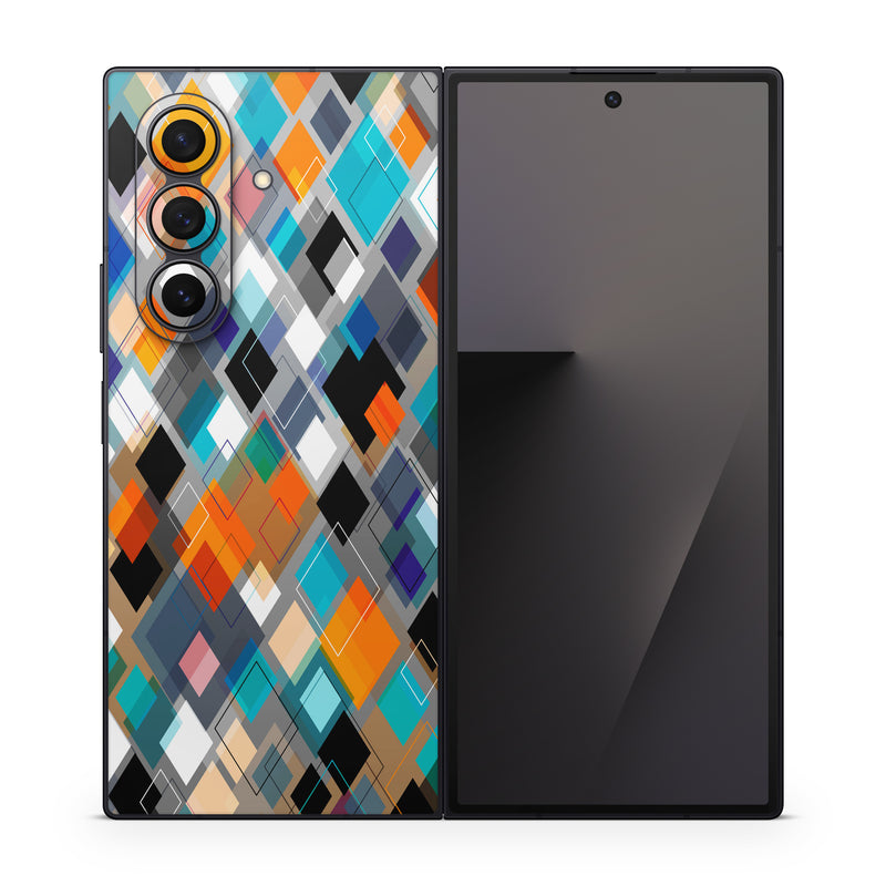 Samsung Galaxy Z Fold7 Skin design of Pattern, Line, Design, Colorfulness, Plaid, Tints and shades, Textile, Symmetry, Square, with black, blue, red, orange, white colors