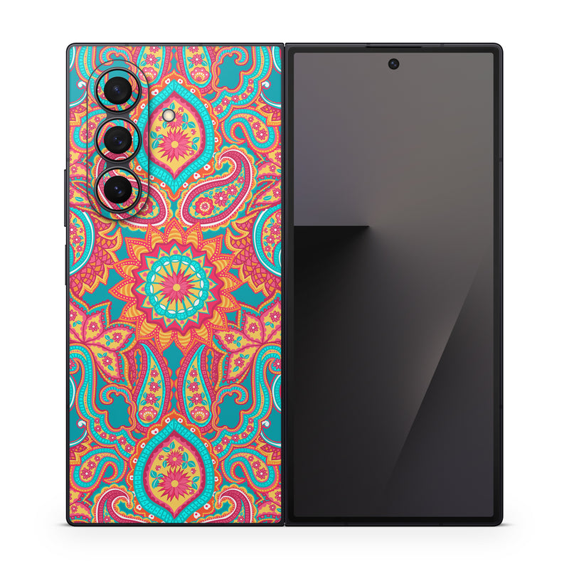 Samsung Galaxy Z Fold7 Skin design of Pattern, Paisley, Motif, Visual arts, Design, Art, Textile, Psychedelic art, with orange, yellow, blue, red colors