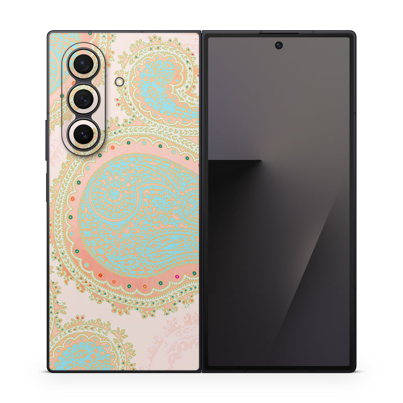 Samsung Galaxy Z Fold7 Skin design of Pattern, Visual arts, Paisley, Pink, Design, Motif, Line, Wallpaper, Peach, with pink, blue, red colors