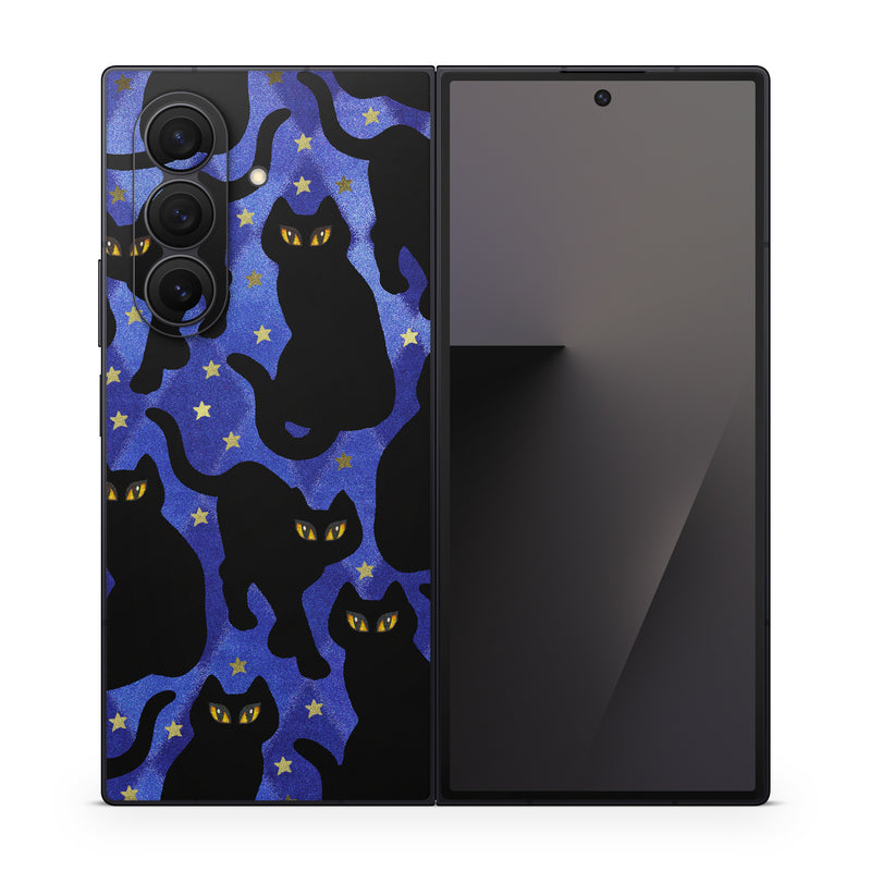 Samsung Galaxy Z Fold7 Skin design of Black cat, Black, Cat, Small to medium-sized cats, Pattern, Felidae, Design, Electric blue, Illustration, Art, with black, blue, purple, yellow colors