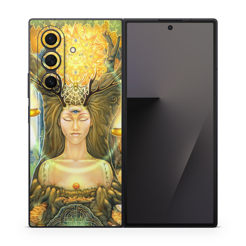 Samsung Galaxy Z Fold7 Skin design of Painting, Art, Illustration, Plant, Fictional character, Mythology, Cg artwork, Visual arts, Glass, Drawing, with yellow, green, brown, pink, orange, black colors