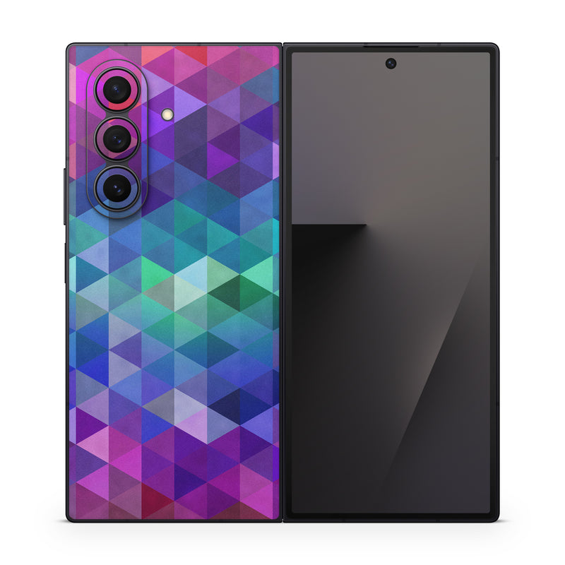 Samsung Galaxy Z Fold7 Skin design of Purple, Violet, Pattern, Blue, Magenta, Triangle, Line, Design, Graphic design, Symmetry, with blue, purple, green, red, pink colors