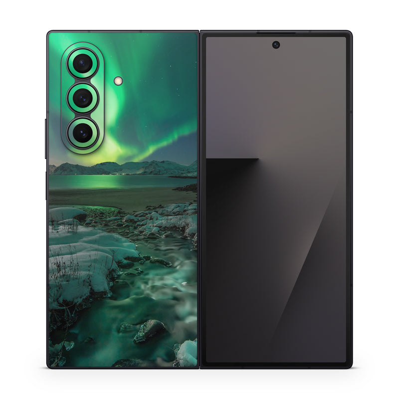 Samsung Galaxy Z Fold7 Skin design of Nature, Aurora, Sky, Geological phenomenon, Water, Atmosphere, Space, Landscape, World, Glacier, with white, green, blue, black, gray colors