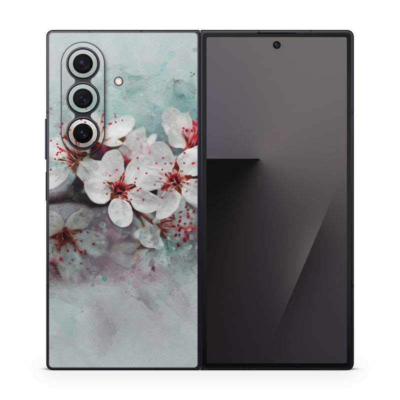 Samsung Galaxy Z Fold7 Skin design of Blossom, Flower, Cherry blossom, Watercolor paint, Plant, Spring, Pink, Petal, Branch, Painting, with white, gray, red, pink, purple, blue colors