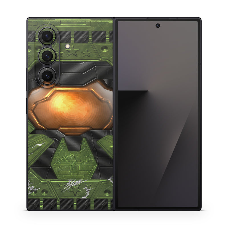 Samsung Galaxy Z Fold7 Skin design of Green, Fictional character, Games, Fiction, Pc game, Illustration, Strategy video game, Digital compositing, Art, Screenshot, with green, yellow, orange, black colors