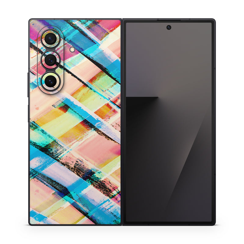 Samsung Galaxy Z Fold7 Skin design of Line, Pattern, Turquoise, Plaid, Orange, Colorfulness, Design, Textile, Tints and shades, with blue, pink, red, purple, yellow, orange colors