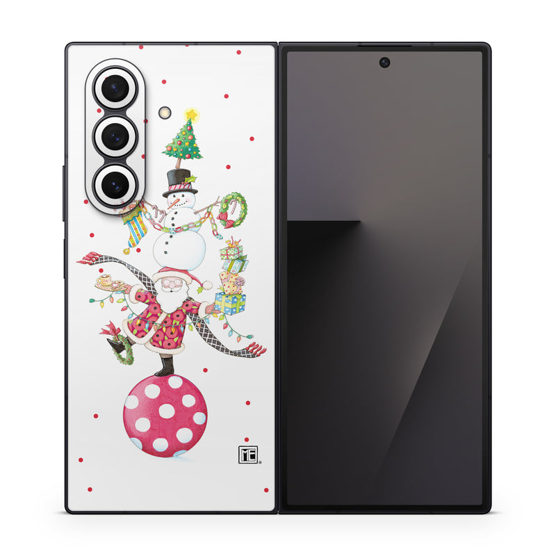Samsung Galaxy Z Fold7 Skin design of Snowman, Holiday ornament, Christmas ornament, Creative arts, Christmas decoration, Ornament, Pattern, Event, Art, Circle, with white, red, yellow, green, orange, black, blue colors