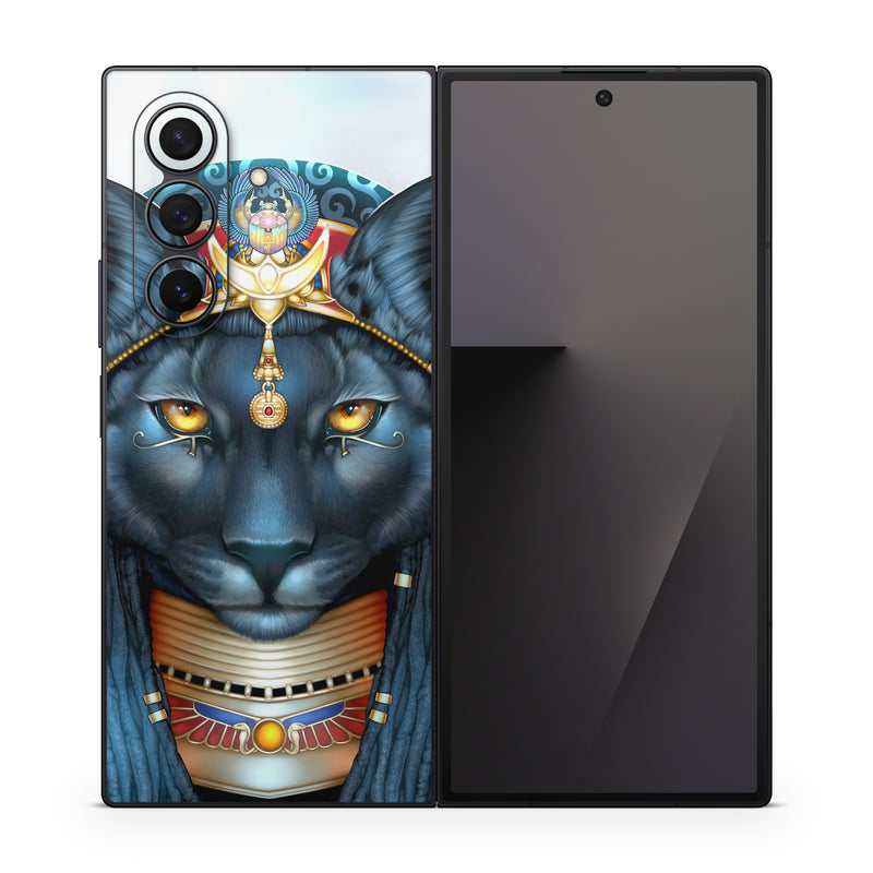 Samsung Galaxy Z Fold7 Skin design of Jaw, Font, Whiskers, Toy, Snout, Personal protective equipment, Fictional character, Electric blue, Graphics, Mask, with black, white, red, blue, yellow, orange colors