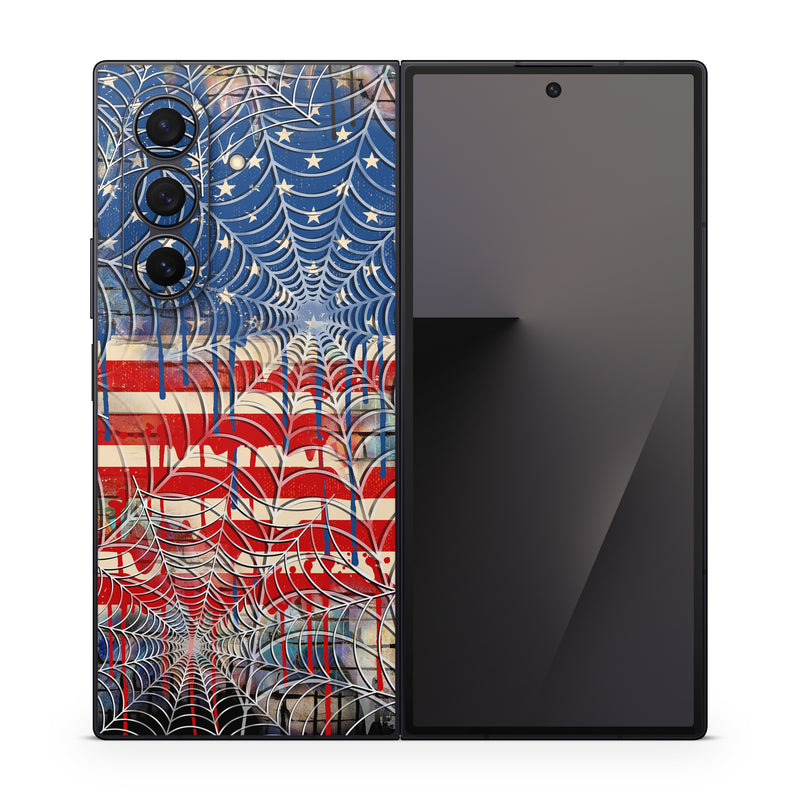Samsung Galaxy Z Fold7 Skin design of Graffiti, Art, Pattern, Flag, Street art, Line, Textile, Mural, Modern art, with red, blue, white, black colors