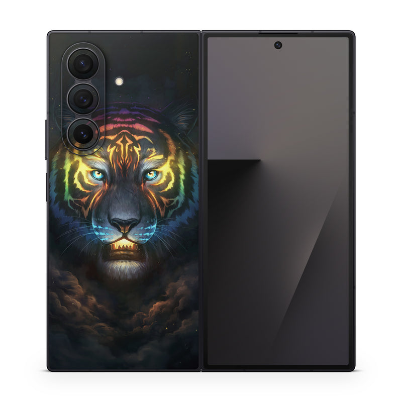 Samsung Galaxy Z Fold7 Skin design of Felidae, Vertebrate, Carnivore, Organism, Painting, Roar, Bengal tiger, Big cats, Art, Whiskers, with black, yellow, orange, red, green, purple, blue colors
