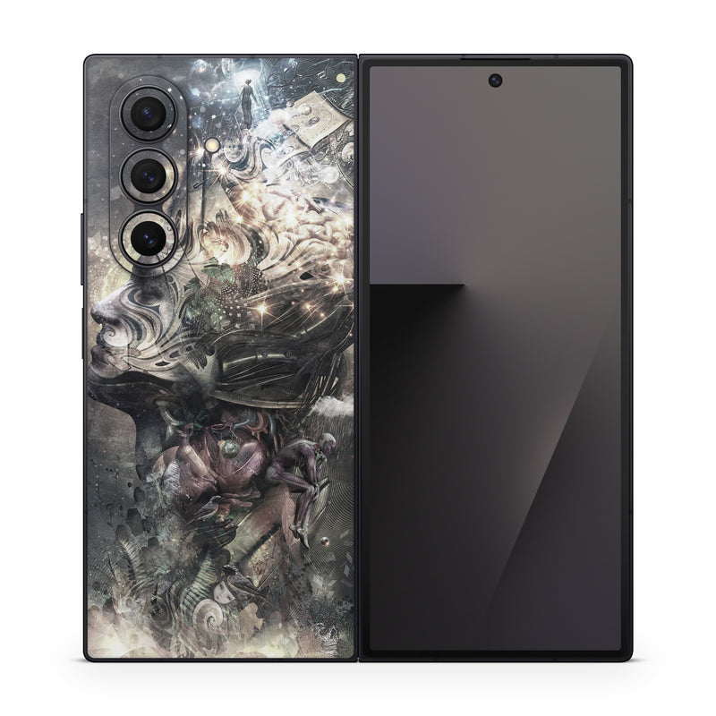 Samsung Galaxy Z Fold7 Skin design of Space, Cg artwork, Art, Sky, Darkness, Illustration, Graphic design, Outer space, Graphics, Animation, with white, black, gray, yellow colors
