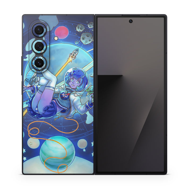 Samsung Galaxy Z Fold7 Skin design of Cartoon, Illustration, Graphic design, Games, Space, Design, Anime, Art, Graphics, Fictional character, with blue, white, yellow, purple, green, red, orange, black colors