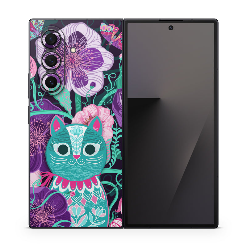 Samsung Galaxy Z Fold7 Skin design of Botany, Purple, Textile, Organism, Pink, Art, Painting, Font, Creative arts, Magenta, with black, blue, pink, purple, green, red colors