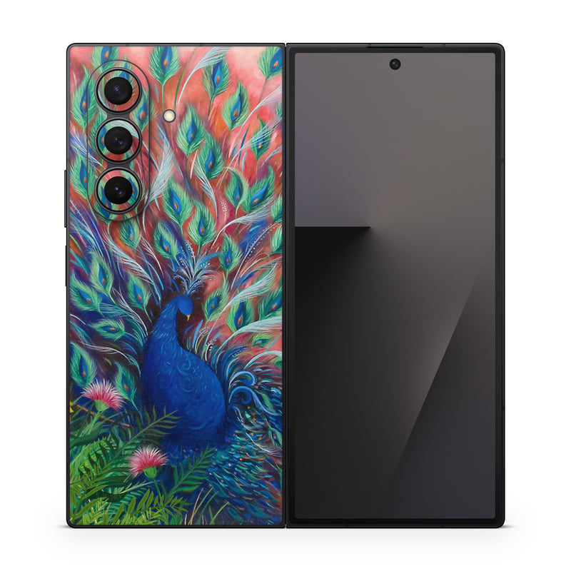 Samsung Galaxy Z Fold7 Skin design of Painting, Acrylic paint, Bird, Child art, Art, Galliformes, Peafowl, Visual arts, Watercolor paint, Plant, with black, red, gray, blue, green colors
