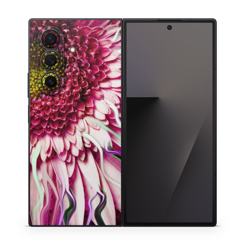 Samsung Galaxy Z Fold7 Skin design of Flowering plant, Flower, Petal, Plant, Purple, Pink, Gazania, Violet, Gerbera, Chrysanths, with black, gray, red, purple, pink, white colors