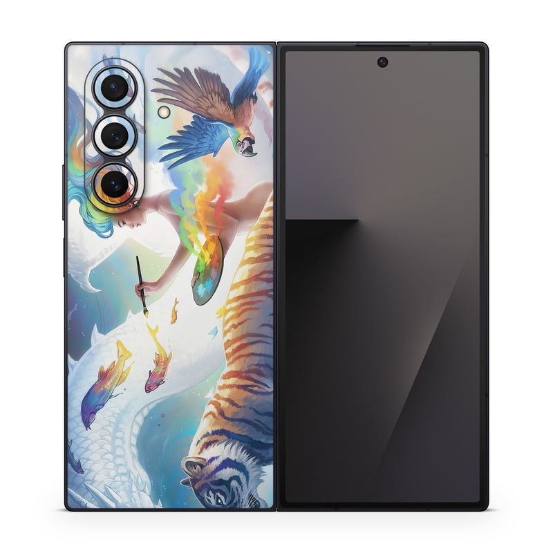 Samsung Galaxy Z Fold7 Skin design of Siberian tiger, Bengal tiger, Vertebrate, Tiger, Felidae, Mammal, Water, Carnivore, Art, Painting, with blue, red, yellow, orange, green, purple, black, white colors