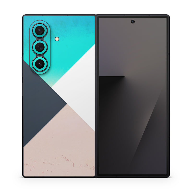 Samsung Galaxy Z Fold7 Skin design of Blue, Turquoise, Aqua, Line, Triangle, Design, Material property, Graphic design, Pattern, Architecture, with black, white, brown, blue colors