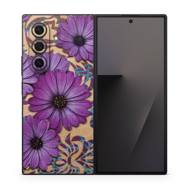 Samsung Galaxy Z Fold7 Skin design of Purple, Flower, Violet, Petal, Plant, african daisy, Floral design, Wildflower, Pattern, Textile, with purple, black, gray, blue, green, red colors