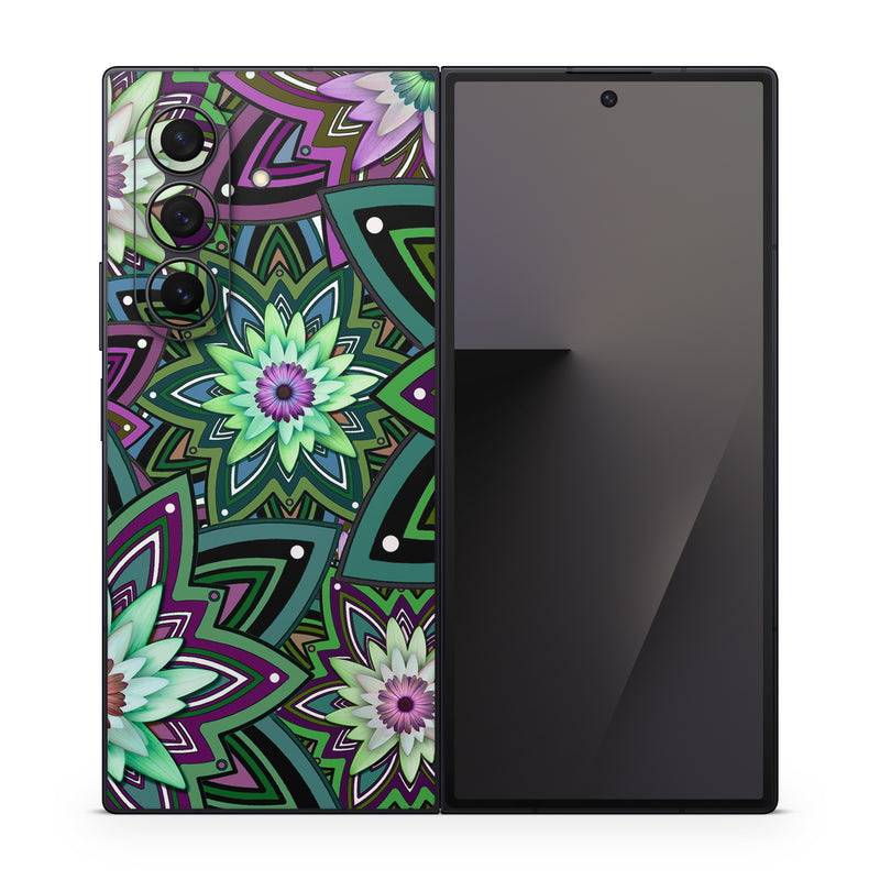 Samsung Galaxy Z Fold7 Skin design of Pattern, Purple, Green, Flower, Psychedelic art, Design, Lilac, Plant, Symmetry, Visual arts, with black, gray, green, purple, blue, red colors