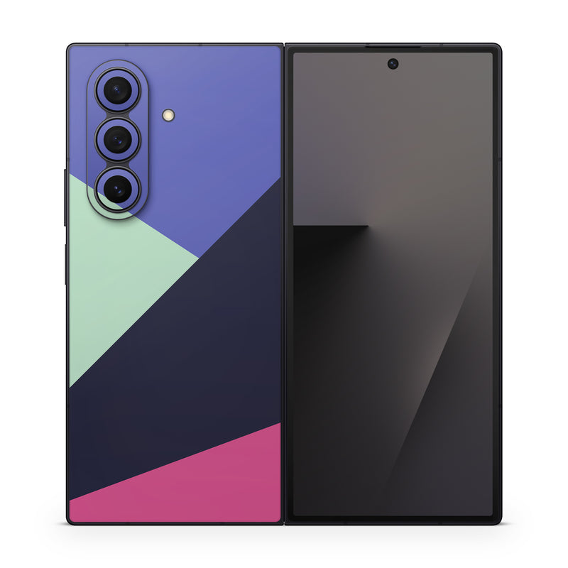 Samsung Galaxy Z Fold7 Skin design of Purple, Violet, Line, Magenta, Graphic design, Triangle, Pattern, Design, Material property, Font, with black, blue, green, pink colors