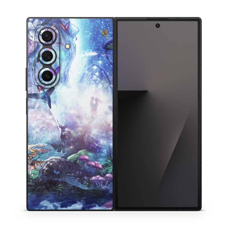Samsung Galaxy Z Fold7 Skin design of Man, Woman, Fictional Character, Mythology, Bird, Wing, Mythical Creature, Deer, Tiger, Mushrooms, Butterfly, with white, blue, green, red, yellow, black, purple, gray colors