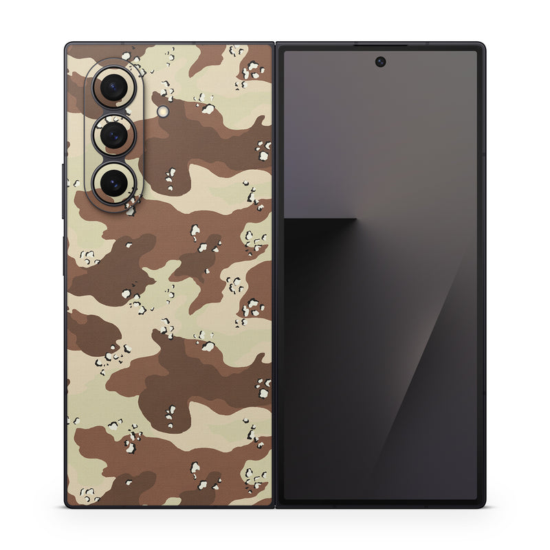 Samsung Galaxy Z Fold7 Skin design of Military camouflage, Brown, Pattern, Design, Camouflage, Textile, Beige, Illustration, Uniform, Metal, with gray, red, black, green colors