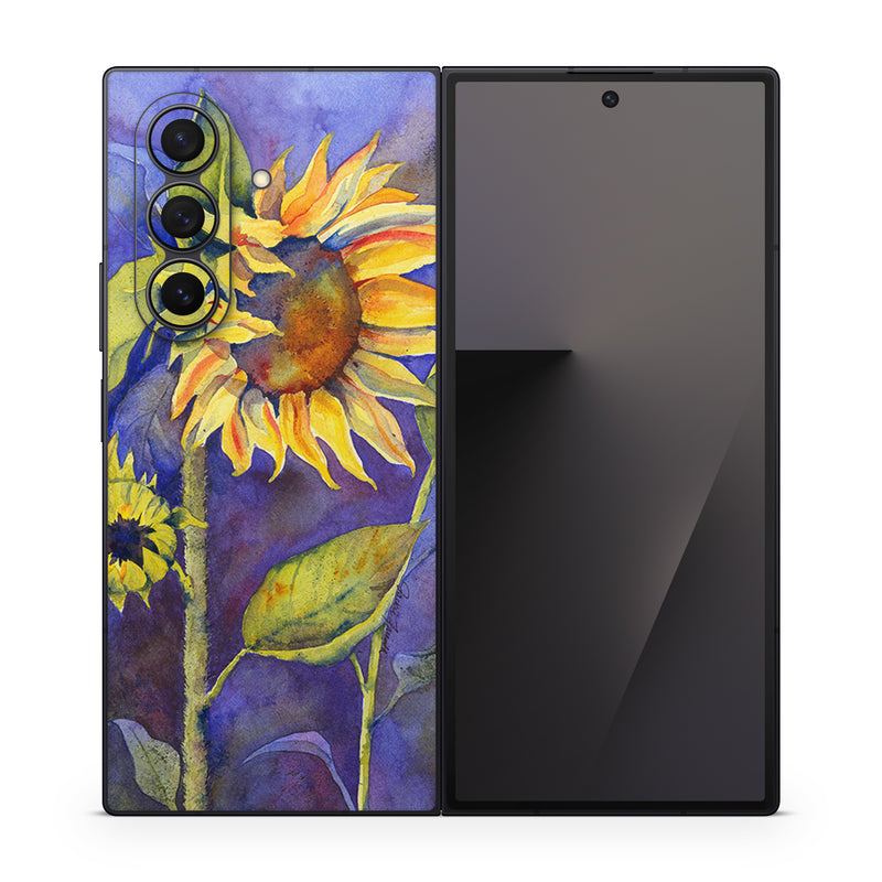 Samsung Galaxy Z Fold7 Skin design of Flower, Sunflower, Painting, sunflower, Watercolor paint, Plant, Flowering plant, Yellow, Acrylic paint, Still life, with green, black, blue, gray, red, orange colors