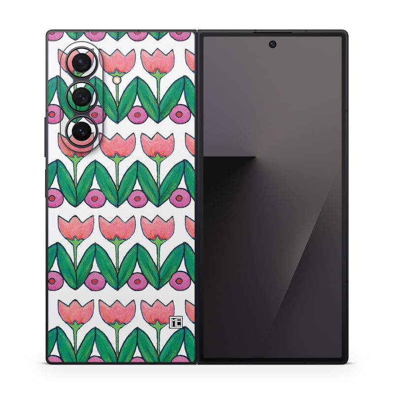 Samsung Galaxy Z Fold7 Skin design of Green, Rectangle, Textile, Botany, Line, Symmetry, Art, Font, Pattern, Magenta, with white, green, pink, purple colors