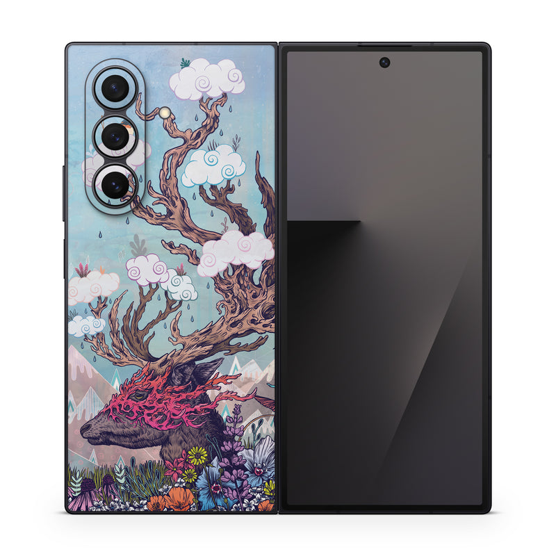Samsung Galaxy Z Fold7 Skin design of Illustration, Tree, Watercolor paint, Painting, Art, Plant, Acrylic paint, Fictional character, Flower, Blossom, with gray, black, red, purple, blue colors