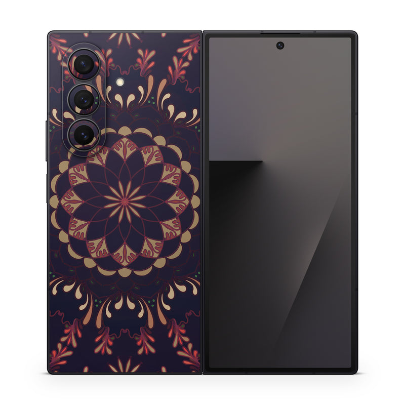 Samsung Galaxy Z Fold7 Skin design of Pattern, Brown, Red, Symmetry, Textile, Design, Visual arts, Tapestry, Kaleidoscope, with black, red, orange, yellow, brown colors