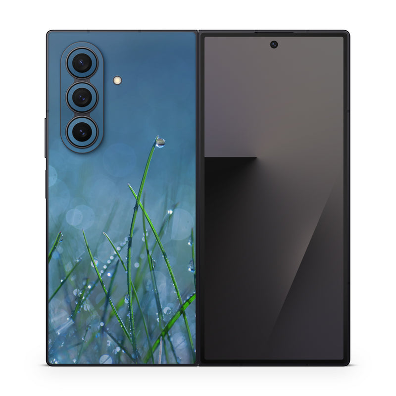 Samsung Galaxy Z Fold7 Skin design of Moisture, Dew, Water, Green, Grass, Plant, Drop, Grass family, Macro photography, Close-up, with blue, black, green, gray colors