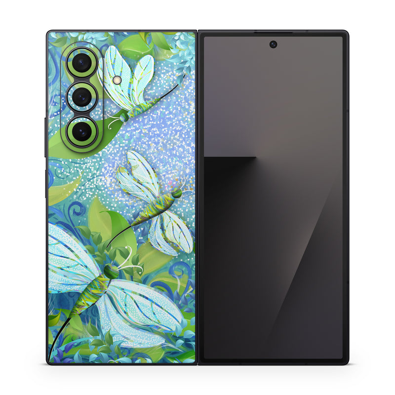 Samsung Galaxy Z Fold7 Skin design of Green, Blue, Leaf, Plant, Pattern, Tree, Design, Organism, Branch, Flower, with gray, blue, green, purple colors