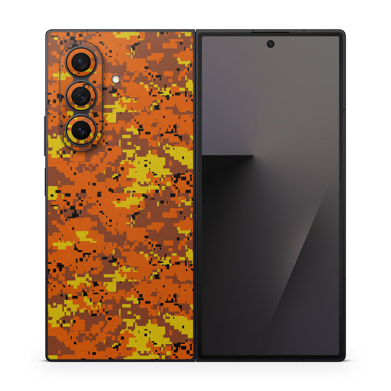 Samsung Galaxy Z Fold7 Skin design of Orange, Yellow, Leaf, Tree, Pattern, Autumn, Plant, Deciduous, with red, green, black colors