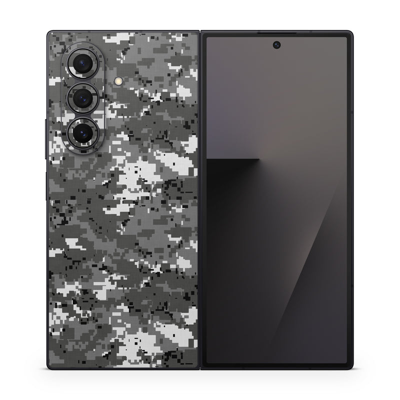 Samsung Galaxy Z Fold7 Skin design of Military camouflage, Pattern, Camouflage, Design, Uniform, Metal, Black-and-white, with black, gray colors