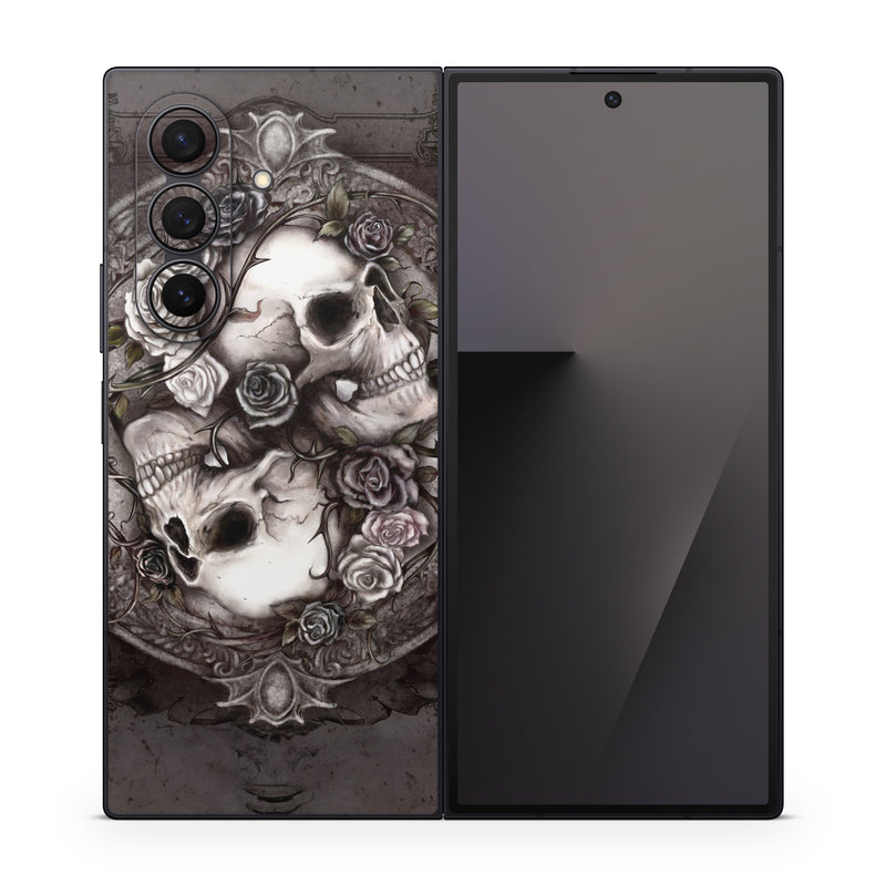 Samsung Galaxy Z Fold7 Skin design of Skull, Bone, Illustration, Font, Still life photography, Photography, Still life, Art, Monochrome, Circle, with black, white, brown, pink colors