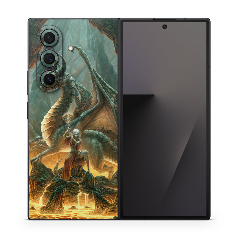 Samsung Galaxy Z Fold7 Skin design of Dragon, Cg artwork, Mythology, Fictional character, Mythical creature, Art, Illustration, Cryptid, Sculpture, Demon, with black, green, red, gray, blue colors