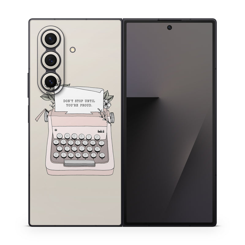 Samsung Galaxy Z Fold7 Skin design of Typewriter, Office equipment, Space bar, Office supplies, Illustration, with black, white, pink colors