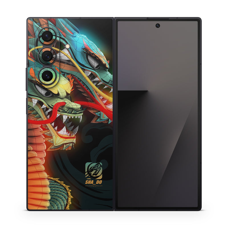 Samsung Galaxy Z Fold7 Skin design of Dragon, Fictional character, Illustration, Art, Cg artwork, Fiction, Mythical creature, Graphics, with black, green, red, yellow, orange colors