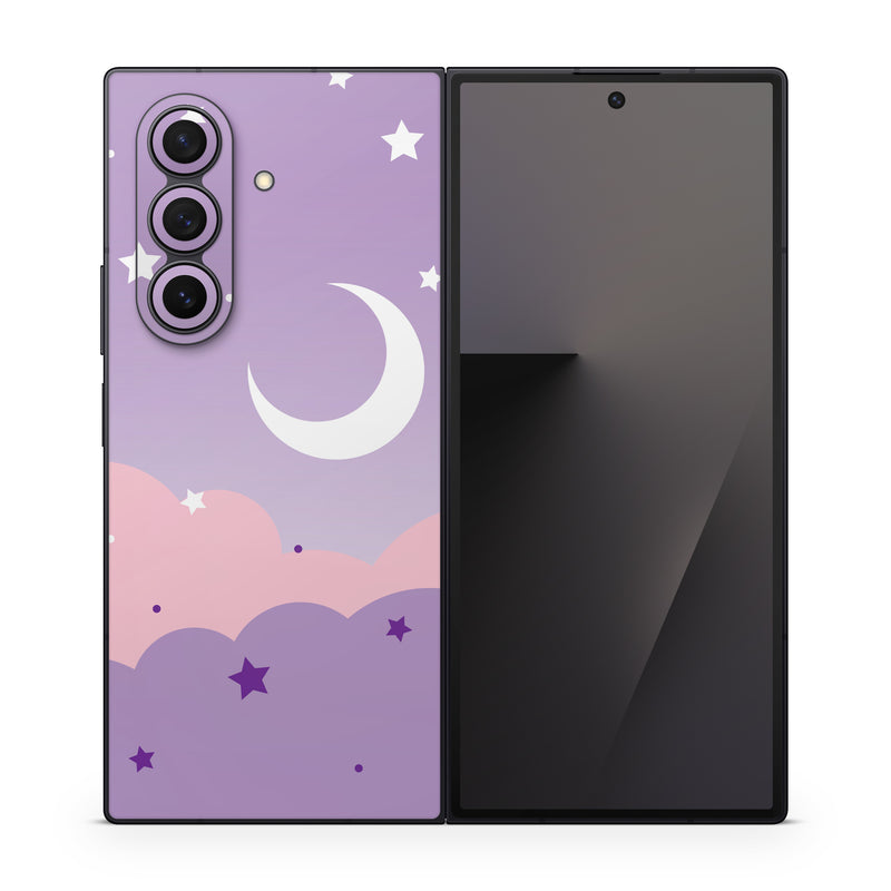 Samsung Galaxy Z Fold7 Skin design of Astronomical object, Pink, Star, Purple, Crescent, Moon, Graphics, Animation, Wallpaper, Graphic design, with purple, white colors