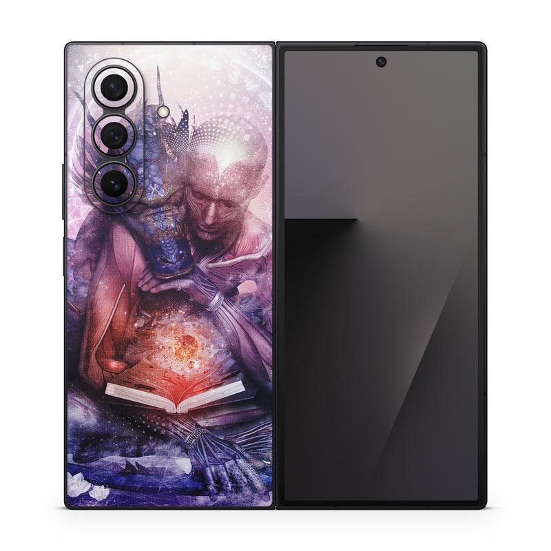Samsung Galaxy Z Fold7 Skin design of Cg artwork, Illustration, Graphic design, Fictional character, Mythology, Graphics, Space, Art, Darkness, with blue, black, red, yellow, white colors