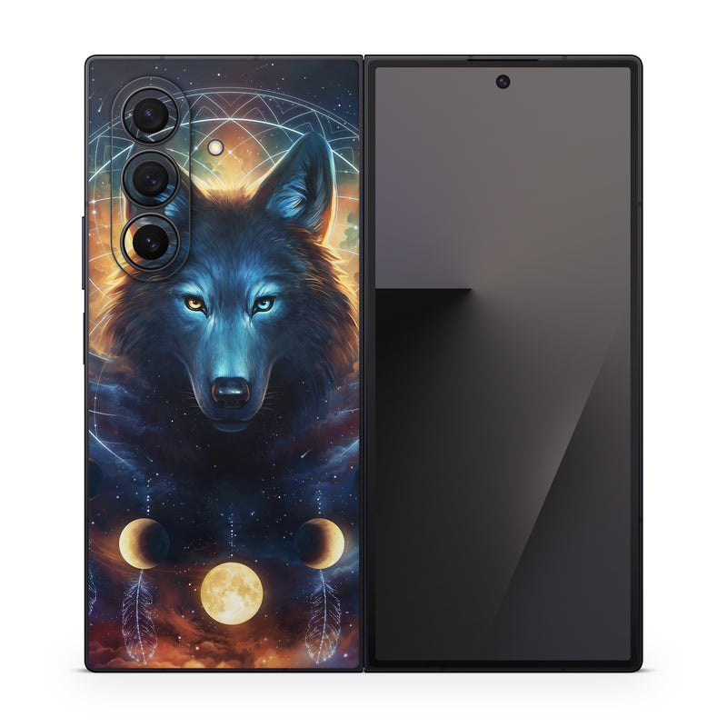 Samsung Galaxy Z Fold7 Skin design of Light, Nature, Carnivore, Organism, Dog breed, Art, Electric blue, Space, Midnight, Illustration, with black, blue, yellow, orange, green, red, white colors