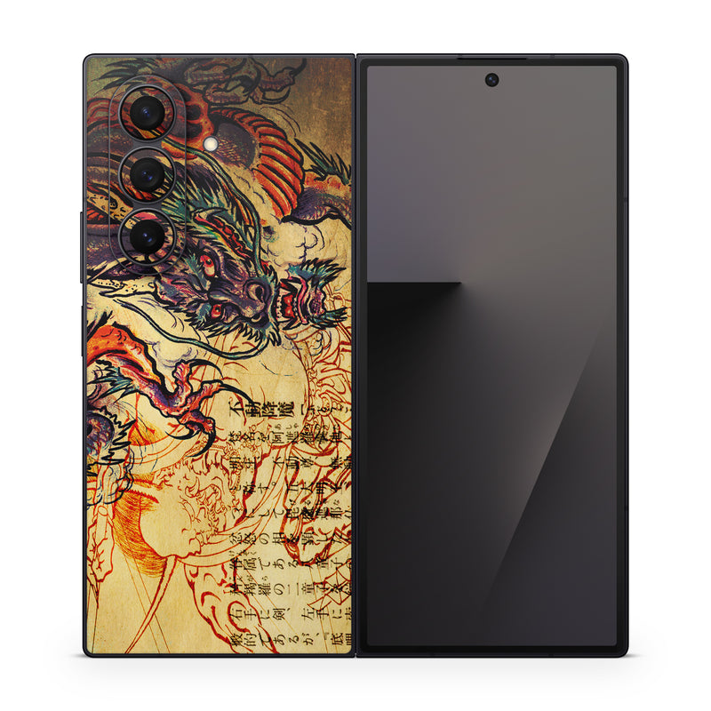 Samsung Galaxy Z Fold7 Skin design of Illustration, Fictional character, Art, Demon, Drawing, Visual arts, Dragon, Supernatural creature, Mythical creature, Mythology, with black, green, red, gray, pink, orange colors