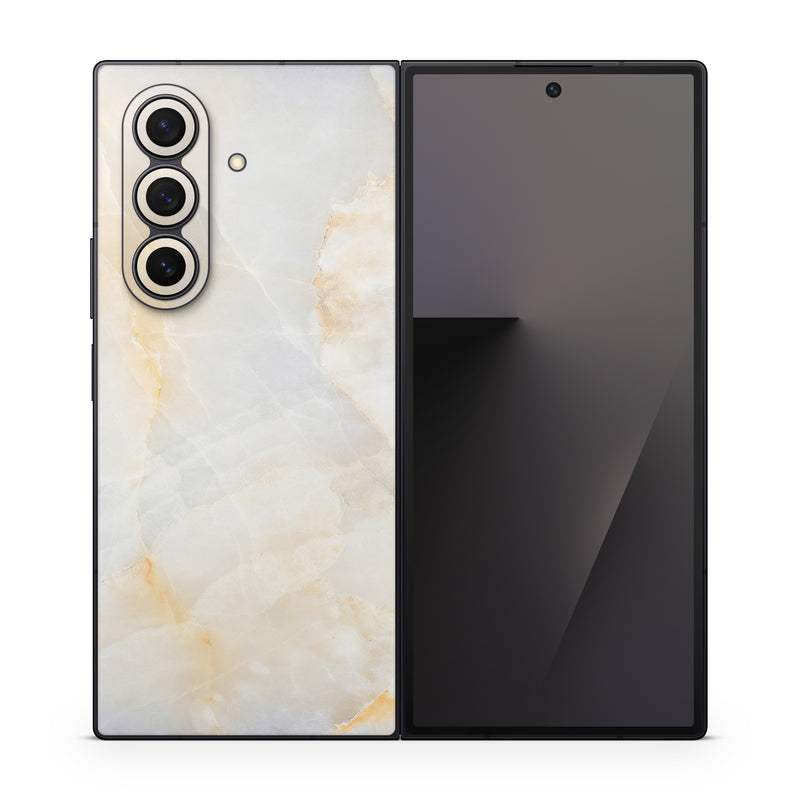 Samsung Galaxy Z Fold7 Skin design of White, Textile, Flooring, Marble, Paper, Pattern, Fashion accessory, Tile, with white, orange, black, yellow colors