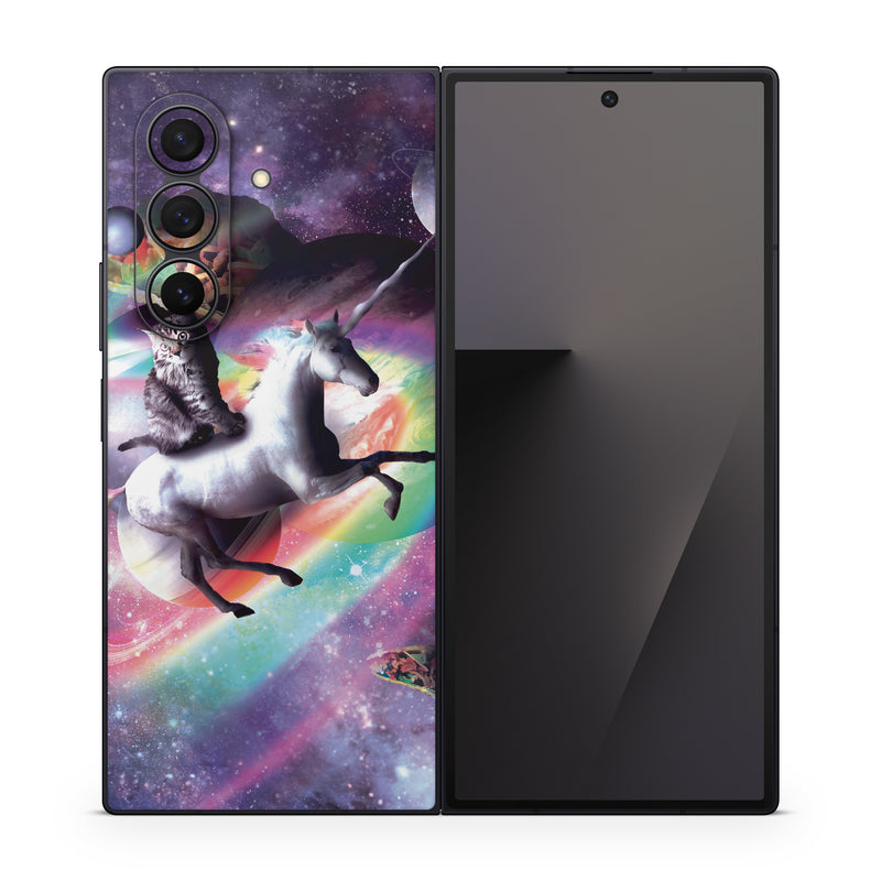 Samsung Galaxy Z Fold7 Skin design of Illustration, Graphic design, Fictional character, Space, Sky, Astronomical object, Universe, Outer space, Art, Unicorn, with black, white, gray, red, yellow, green, blue, orange colors