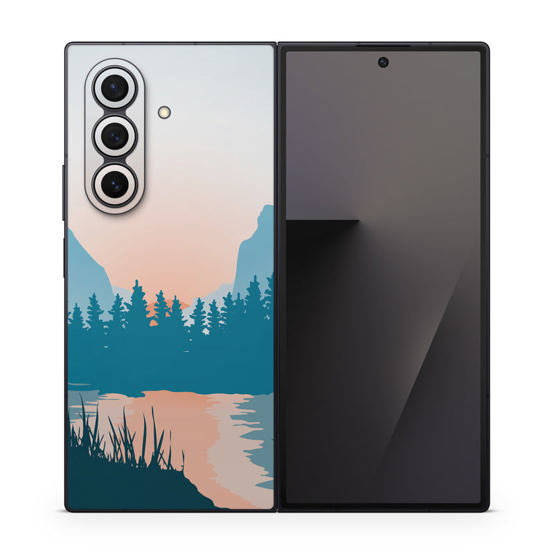 Samsung Galaxy Z Fold7 Skin design of Sky, Atmosphere, Mountain, Ecoregion, Plant, Natural landscape, Larch, Highland, Fog, Atmospheric phenomenon, with blue, yellow, orange, green colors