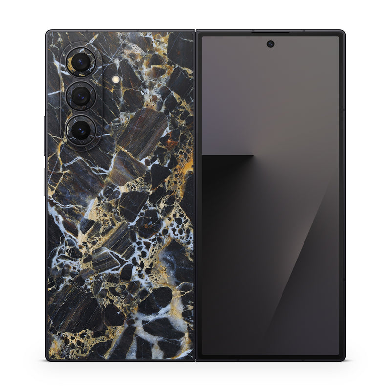 Samsung Galaxy Z Fold7 Skin design of Black, Yellow, Rock, Brown, Marble, Water, Close-up, Granite, Pattern, Geology, with black, white, orange, gray, yellow colors