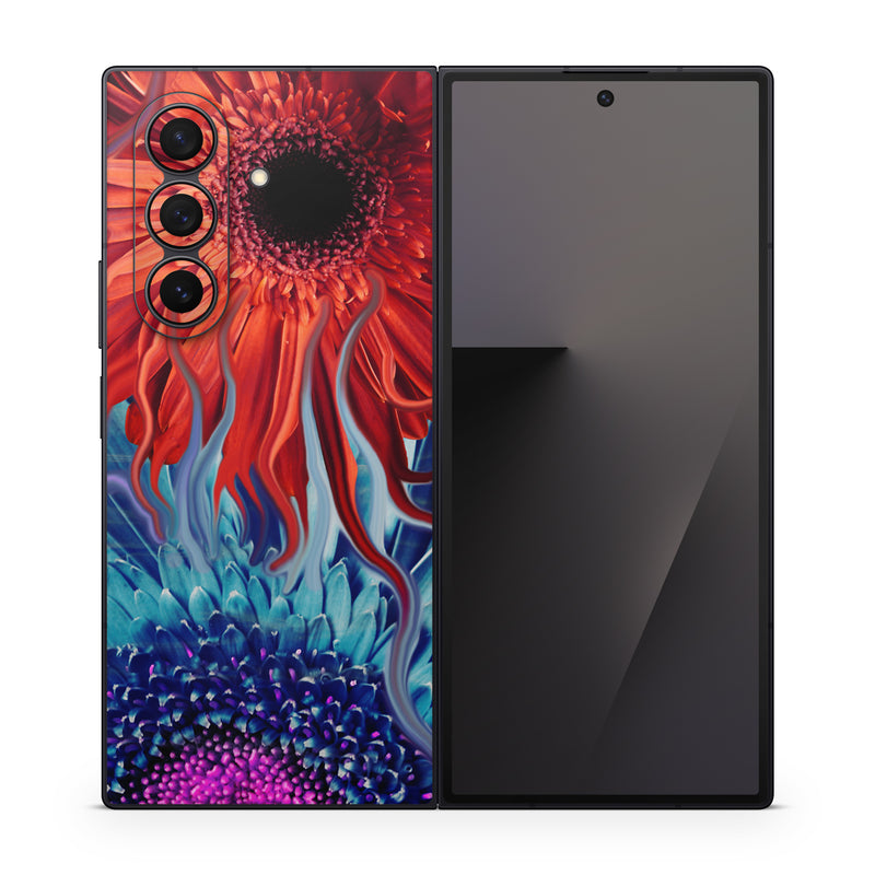 Samsung Galaxy Z Fold7 Skin design of Psychedelic art, Pattern, Organism, Colorfulness, Art, Flower, Petal, Design, Fractal art, Electric blue, with red, black, blue, purple, gray colors